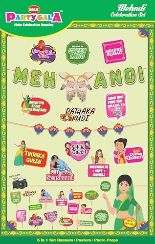Maa Party Gala Mehndi Celebration Set, 3 in 1 Indian Wedding Theme Banners, Posters and Photo Props, Green
