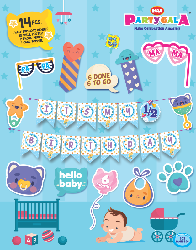Maa Party Gala Half Birthday Decoration Kit, 14 Pieces with Banner, Wall Posters, Photo Props, Cake Topper, Baby Theme