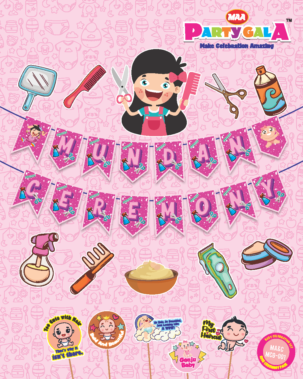 Maa Party Gala Mundan Ceremony Decoration Kit with 1 Banner, 5 Props, 10 Posters Hair Cutting Theme