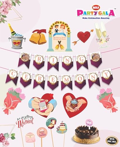 Maa Party Gala Ring Ceremony Banner Set with Wedding Theme Decorations, Purple and Gold Design, Includes Photo Props and Party Accessories