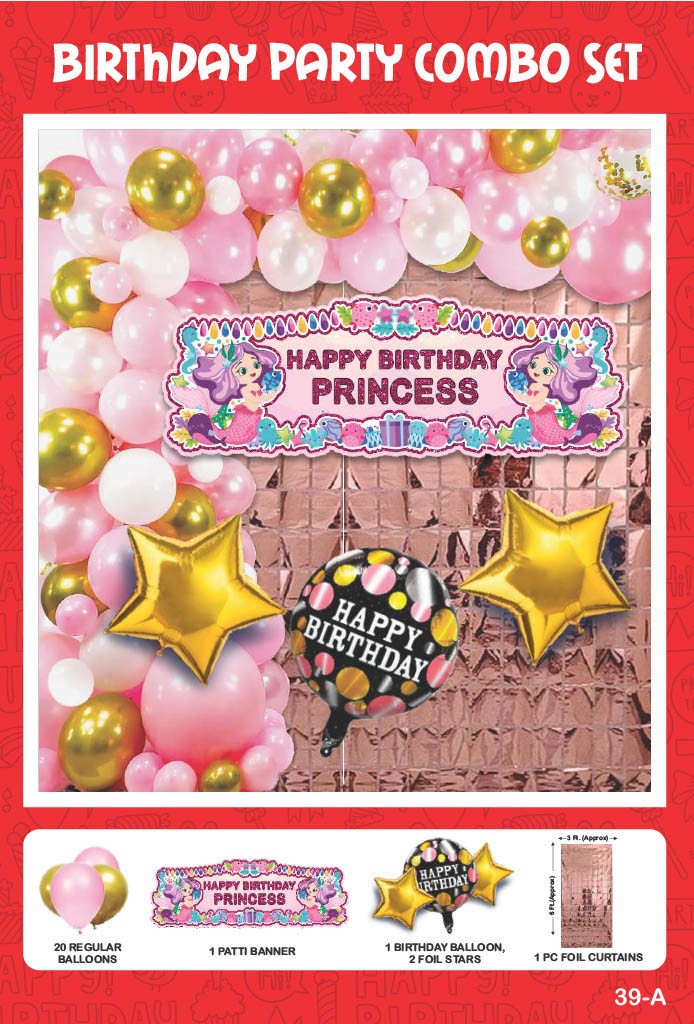 Maa Arts And Crafts Elegant Gold & Pink Birthday Party Decoration Set - 25 Piece (20 Balloons, 1 Patti Banner, 1 Birthday Balloon, 2 Star Foils,1 Pink Foil Curtain)