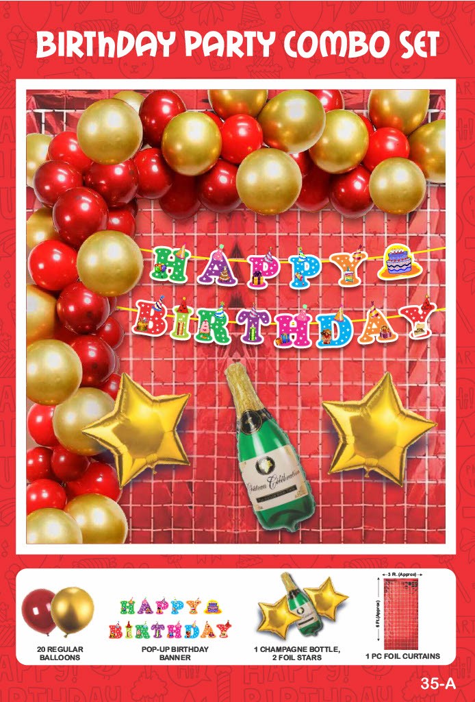 Maa Arts And Crafts Elegant Gold & Red Birthday Party Decoration Set - 25 Piece (20 Balloons, 1 Pop - Up Birthday Banner, 1 Champagne Bottle, 2 Star Foils,1 Red Foil Curtain)