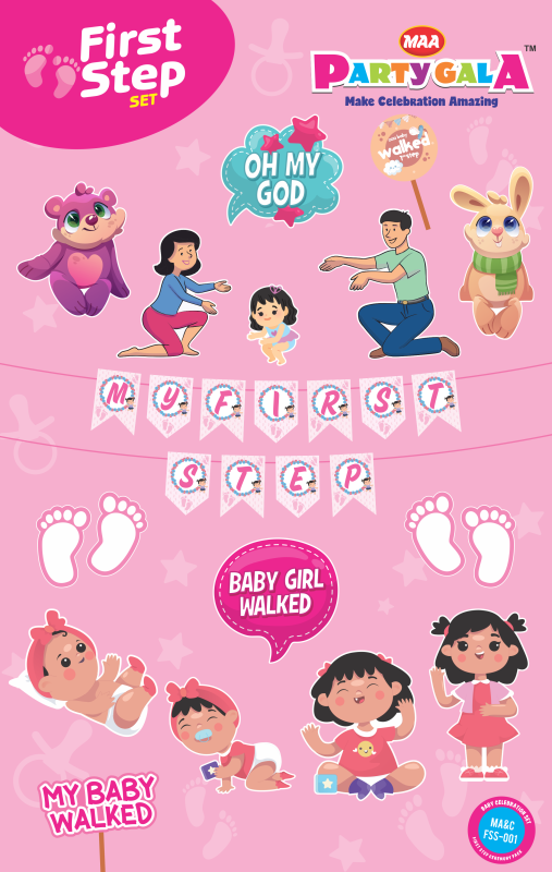 Maa Party Gala First Step Baby Girl Milestone Decoration Set, Pink Theme Party Banner and Cutouts, English and Marathi, Baby Walking Celebration Kit (GIRL- ENG)