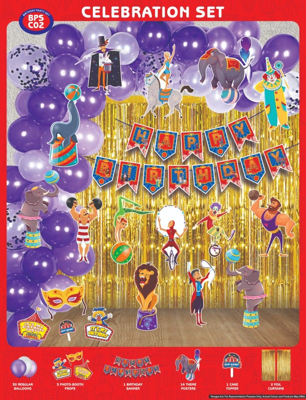 Maa Arts And Crafts Themed Birthday Celebration Set, 30 Balloons, 3 Photo Booth Props, 1 Birthday Banner, 14 Theme Posters, 2 Cake Toppers, 2 Foil Curtains (Circus)