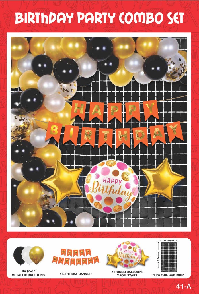 Maa Arts And Crafts Elegant Gold, Black & White Birthday Party Decoration Set - 35Piece (30 Balloons, 1 Birthday Banner, 1 Birthday Balloon, 2 Star Foils,1 Black Foil Curtain)