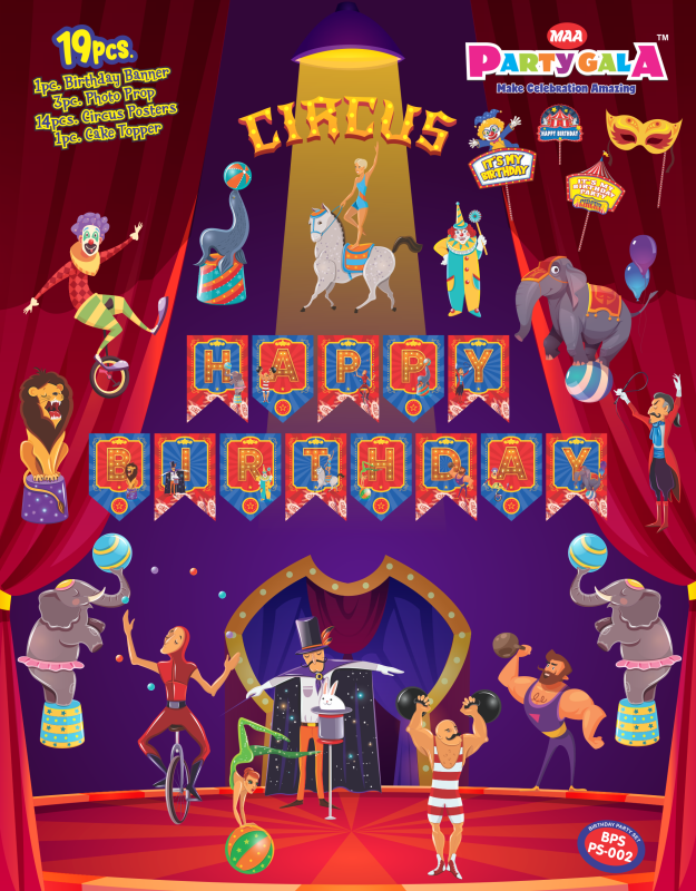 Maa Arts And Crafts Themed Birthday Celebration Set, 1 Birthday Banner , 14 Birthday Posters , 1 Cake Topper , 2 Props (Circus)
