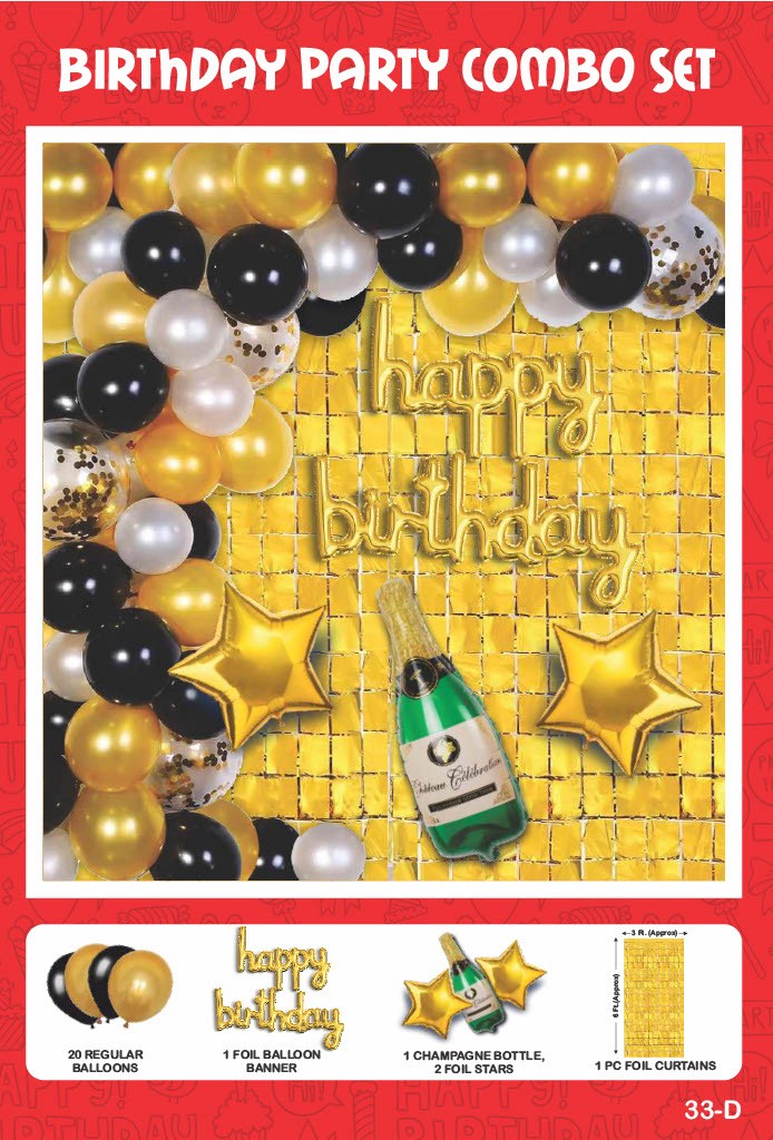 Maa Arts And Crafts Elegant Gold & Black Birthday Party Decoration Set - 25 Piece (20 Balloons, 1 Foil Banner, 1 Champagne Bottle, 2 Star Foils,1 Gold Foil Curtain)
