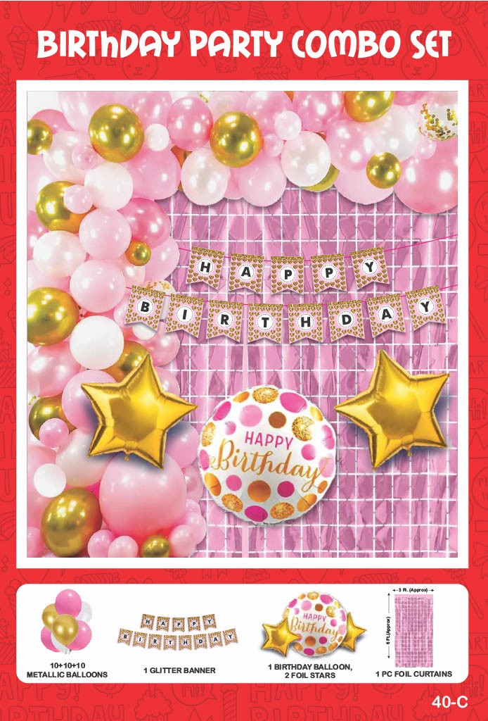 Maa Arts And Crafts Elegant Gold, Pink & White Birthday Party Decoration Set - 35Piece (30 Balloons, 1 Glitter Banner, 1 Birthday Balloon, 2 Star Foils,1 Pink Foil Curtain)