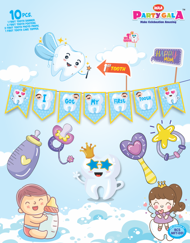 Maa Party gala First Tooth Celebration Set, 10 Pieces, Banner with 7 Posters 2 Photo Props and 1 Cake Topper, Baby Milestone Decoration Kit (Blue)