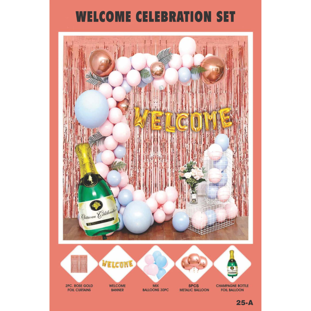Maa Arts And Crafts Elegant Rose Gold, Gold & Blue Welcome Decoration (30 Mixed Balloons, 1 Foil Banner, 1 Champagne Bottle, 5 Metallic Balloons, 2 Rose Gold Foil Curtain)