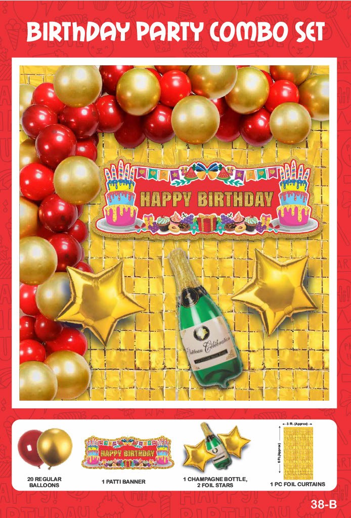 Maa Arts And Crafts Elegant Gold & Red Birthday Party Decoration Set - 25 Piece (20 Balloons, 1 Patti Banner, 1 Champagne Bottle, 2 Star Foils,1 Gold Foil Curtain)