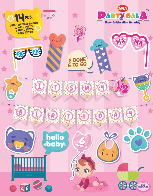 Maa Arts and Crafts Partygala Half Birthday Decoration Kit, 14 Pieces with Banner, Wall Posters, Photo Props, Cake Topper, Baby Theme (pink)