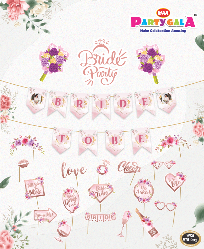 Maa Party Gala Bride Party Decoration Set, Rose Gold Banner with Photo Clips, Floral Photo Props, Wedding Celebration Kit, Pink and Purple
