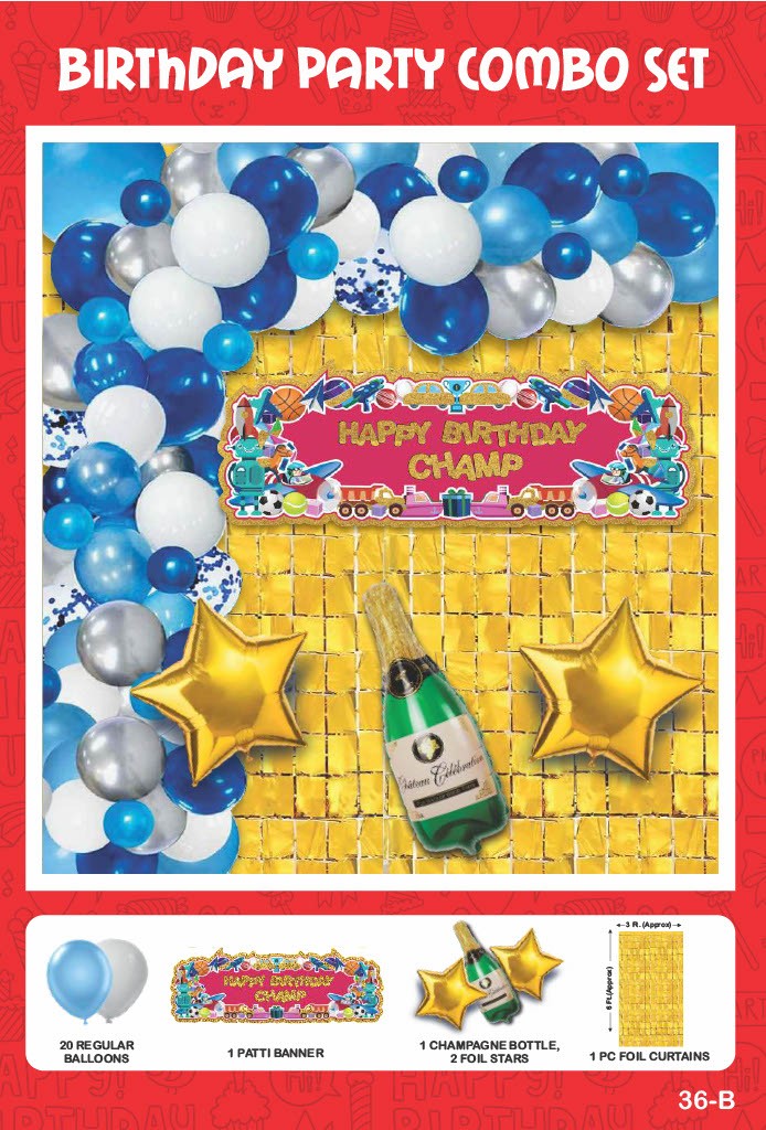 Maa Arts And Crafts Elegant Blue & White Birthday Party Decoration Set - 25 Piece (20 Balloons, 1 Patti Banner, 1 Champagne Bottle, 2 Star Foils,1 Gold Foil Curtain)