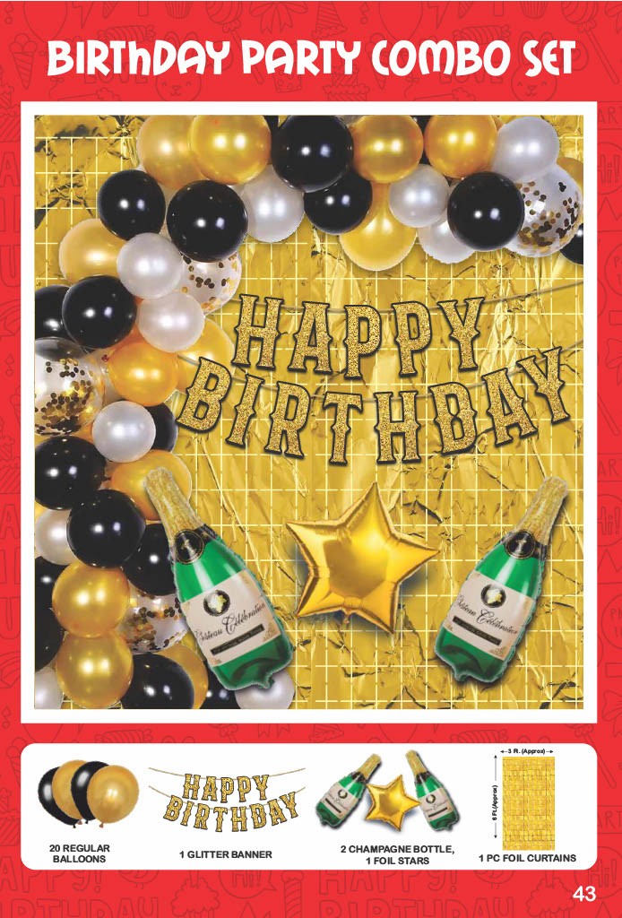 Maa Arts And Crafts Elegant Gold & Black Birthday Party Decoration Set - 25 Piece (20 Balloons, 1 Glitter Banner, 2 Champagne Bottle, 1 Star Foils,1 Gold Foil Curtain)