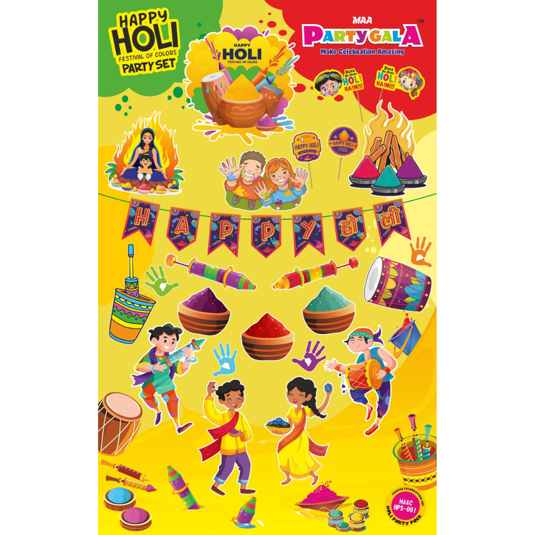 Maa Party Gala Happy Holi Festival Party Decoration combo, 1 Banner , 15 Posters and 4 Props (YELLOW)