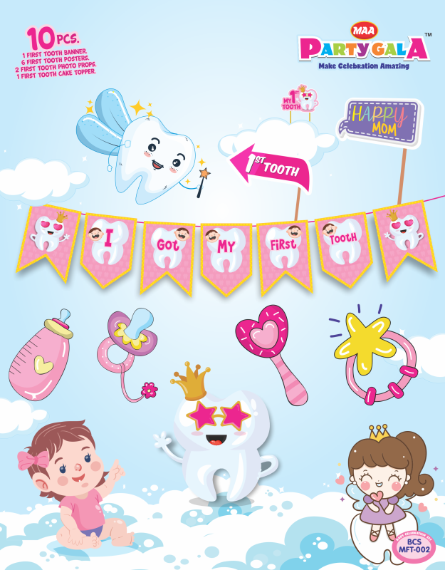 Maa Party gala First Tooth Celebration Set, 10 Pieces, Banner with 7 Posters, 2 Photo Props and 1 Cake Topper, Baby Milestone Decoration Kit (Pink)