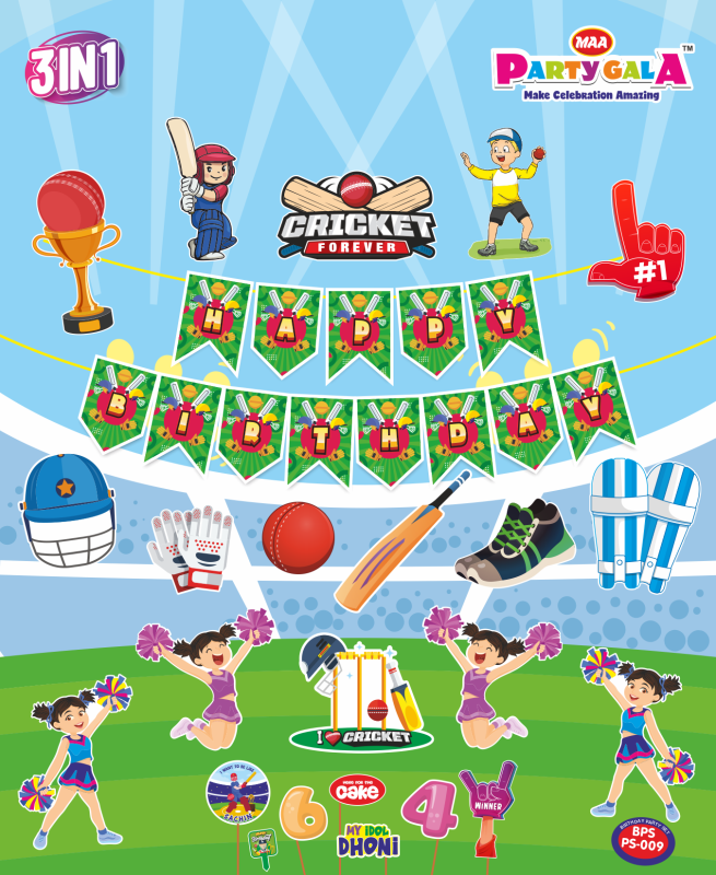 Maa Arts And Crafts Themed Birthday Celebration Set, 1 Birthday Banner , 15 Birthday Posters , 1 Cake Topper , 6 Props (Cricket)