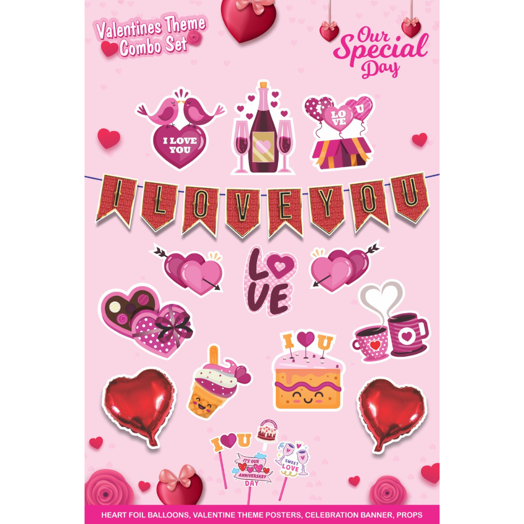 Valentine's Day Decoration Set with 1 Banner,  3 Props, 1 Cake Topper, 10 Posters, 2 Foil balloons, Pink