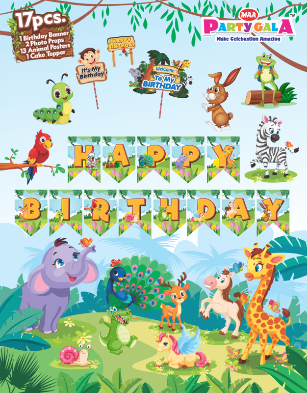 Maa Arts And Crafts Themed Birthday Celebration Set, 1 Birthday Banner , 13 Birthday Posters , 1 Cake Topper , 2 Props (Jungle)