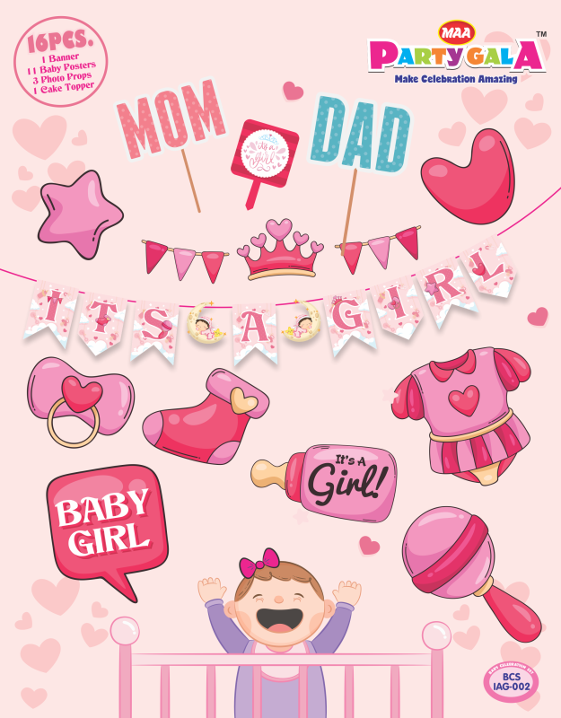 Maa Party Gala 'Its a Girl' Decoration Set, 16 Pieces with Banner, Wall Posters, Photo Props, Cake Topper, Pink
