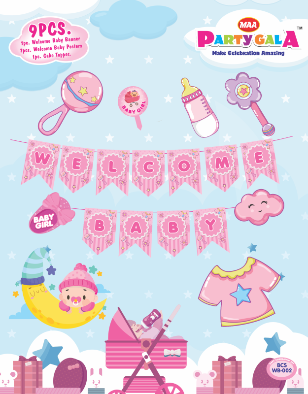 Maa Party Gala Welcome Baby Decoration Kit, 9 Pieces, Pink Theme Banner and Posters, Baby Shower Party Supplies (Pink)