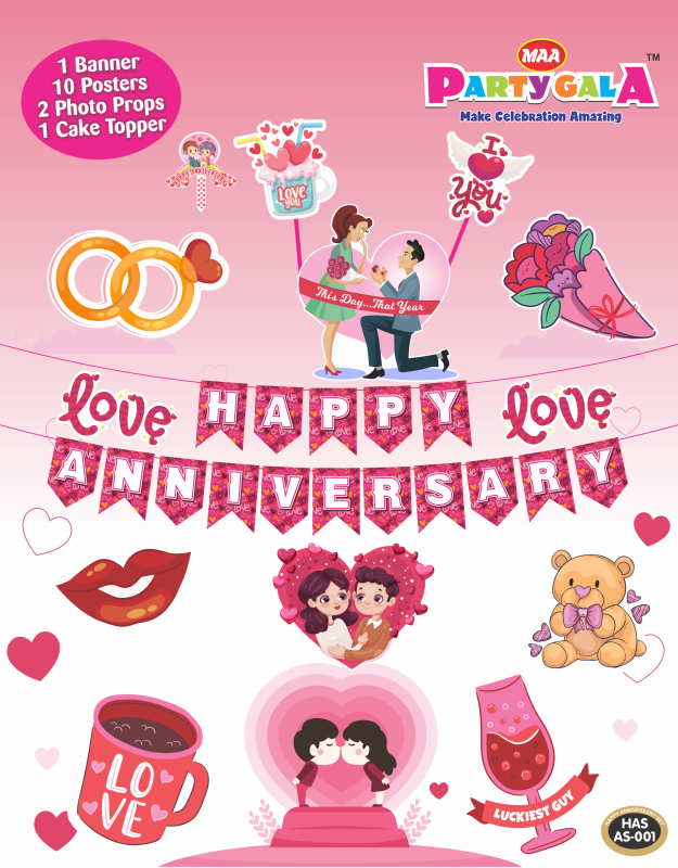 Maa Party Gala Happy Anniversary Party Decoration Set,1 Pink Banner with 2 Photo Props and 1 Cake Topper, Love Theme Party Supplies