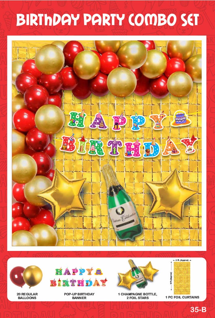 Maa Arts And Crafts Elegant Gold & Red Birthday Party Decoration Set - 25 Piece (20 Balloons, 1 Pop - Up Birthday Banner, 1 Champagne Bottle, 2 Star Foils,1 Gold Foil Curtain)