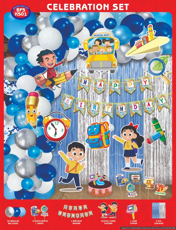 Maa Arts And Crafts Themed Birthday Celebration Set, 30 Balloons, 5 Photo Booth Props, 1 Birthday Banner, 10 School Theme Posters, 1 Cake Toppers, 2 Foil Curtains (School)