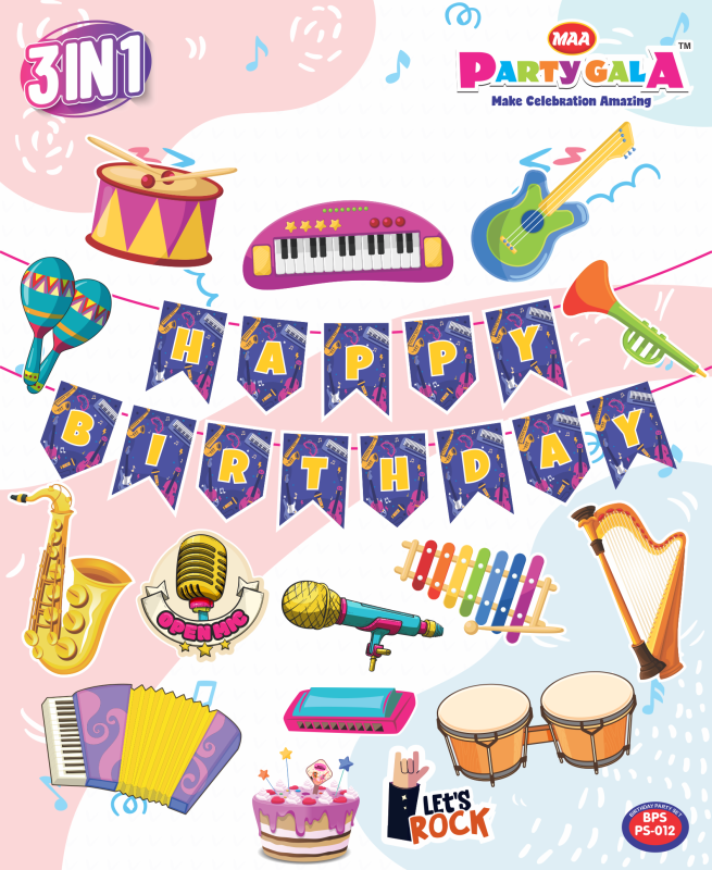 Maa Arts And Crafts Themed Birthday Celebration Set, 1 Birthday Banner , 12 Birthday Posters , 1 Cake Topper , 2 Props (Music)