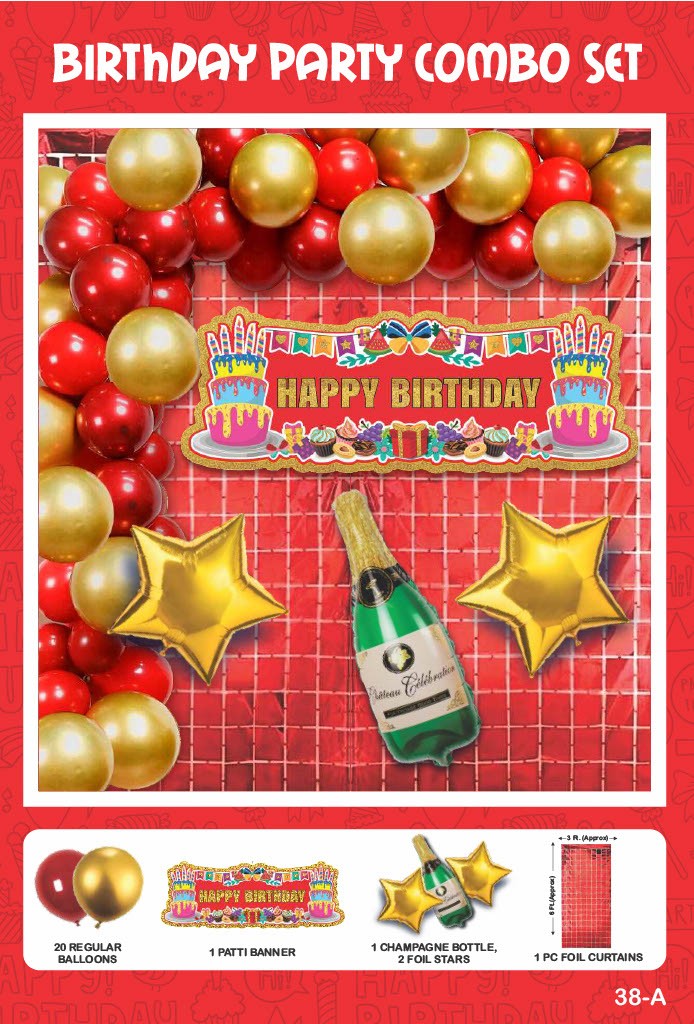 Maa Arts And Crafts Elegant Gold & Red Birthday Party Decoration Set - 25 Piece (20 Balloons, 1 Patti Banner, 1 Champagne Bottle, 2 Star Foils,1 Red Foil Curtain)