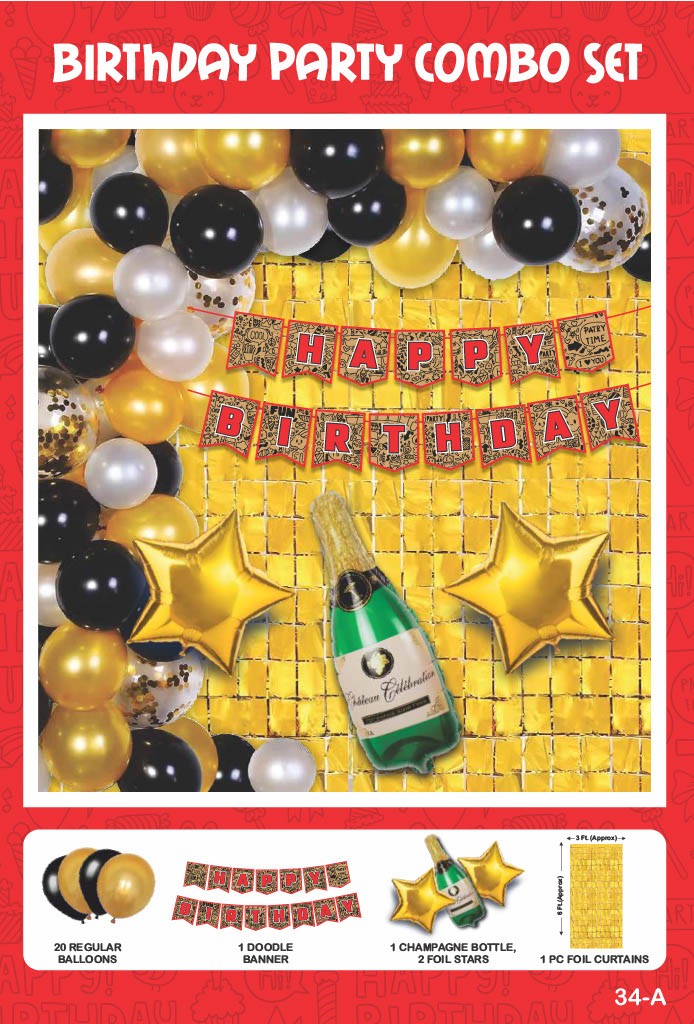 Maa Arts And Crafts Elegant Gold & Black Birthday Party Decoration Set - 25 Piece (20 Balloons, 1 Doodle Banner, 1 Champagne Bottle, 2 Star Foils,1 Gold Foil Curtain)