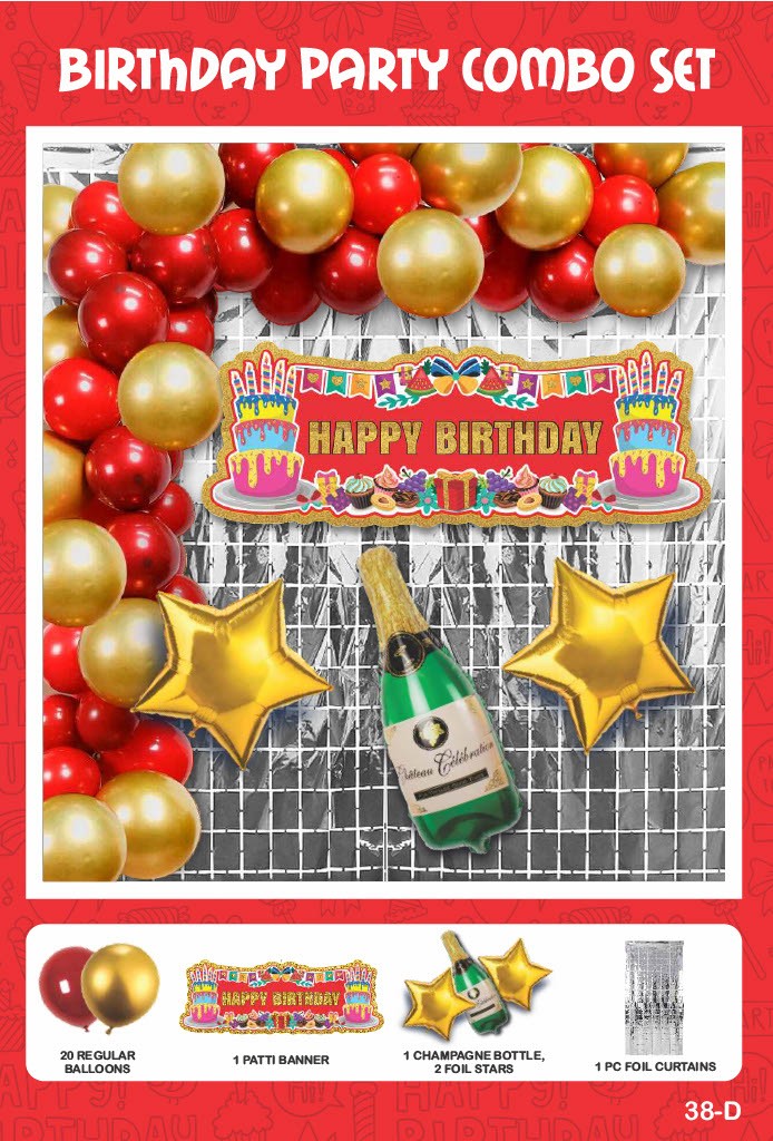 Maa Arts And Crafts Elegant Gold & Red Birthday Party Decoration Set - 25 Piece (20 Balloons, 1 Patti Banner, 1 Champagne Bottle, 2 Star Foils,1 Silver Foil Curtain)