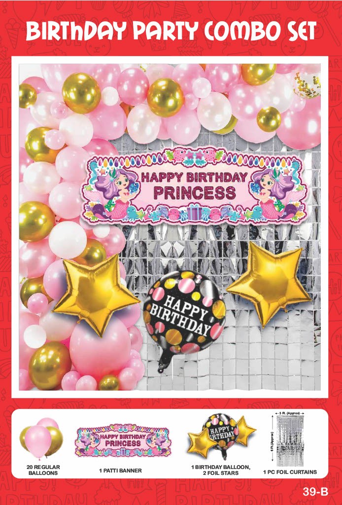 Maa Arts And Crafts Elegant Gold & Pink Birthday Party Decoration Set - 25 Piece (20 Balloons, 1 Patti Banner, 1 Birthday Balloon, 2 Star Foils,1 Silver Foil Curtain)