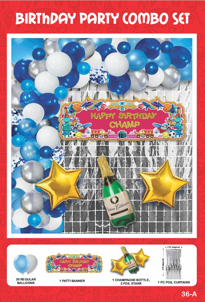 Maa Arts And Crafts Elegant Blue & White Birthday Party Decoration Set - 25 Piece (20 Balloons, 1 Patti Banner, 1 Champagne Bottle, 2 Star Foils,1 Silver Foil Curtain)