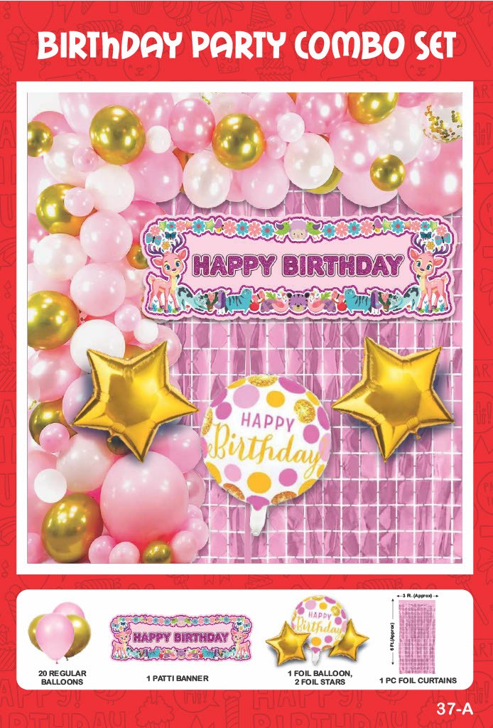 Maa Arts And Crafts Elegant Gold & Pink Birthday Party Decoration Set - 25 Piece (20 Balloons, 1 Patti Banner, 1 Foil Balloon, 2 Star Foils,1 Pink Foil Curtain)