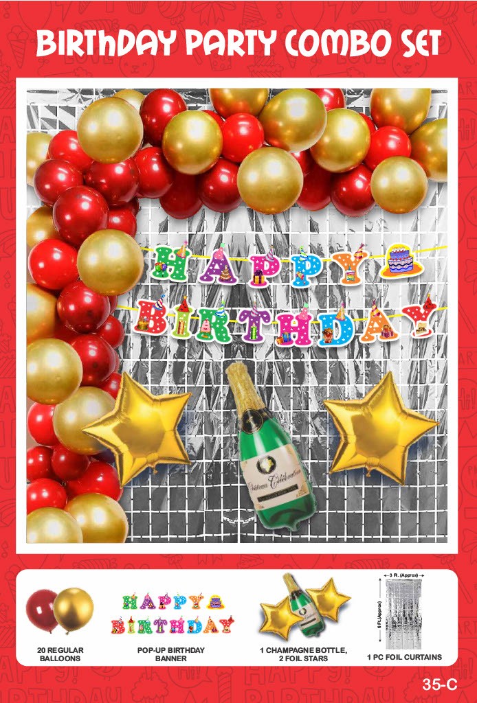 Maa Arts And Crafts Elegant Gold & Red Birthday Party Decoration Set - 25 Piece (20 Balloons, 1 Pop - Up Birthday Banner, 1 Champagne Bottle, 2 Star Foils,1 Silver Foil Curtain)