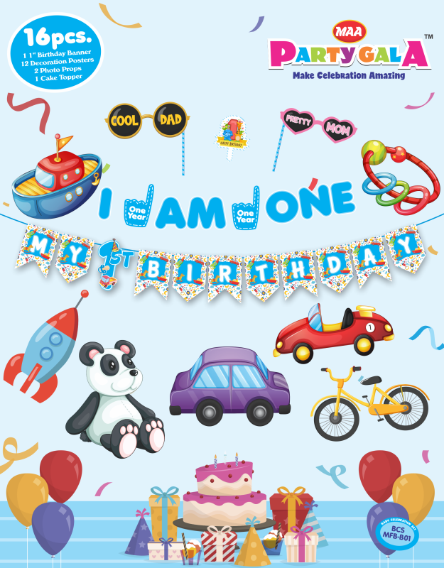Maa PartyGala First Birthday Decoration Set, Banner with Photo Props and Cake Topper, Boys Theme (blue)