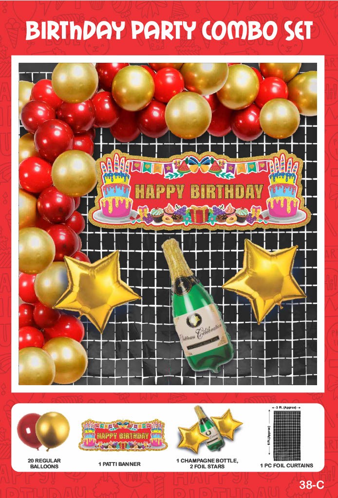 Maa Arts And Crafts Elegant Gold & Red Birthday Party Decoration Set - 25 Piece (20 Balloons, 1 Patti Banner, 1 Champagne Bottle, 2 Star Foils,1 Black Foil Curtain)