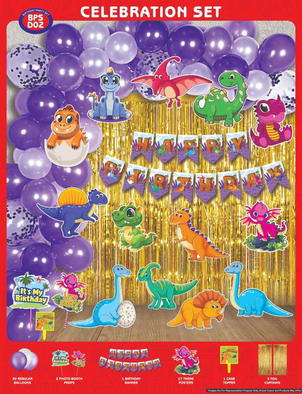 Maa Arts And Crafts Themed Birthday Celebration Set, 30 Balloons, 2 Photo Booth Props, 1 Birthday Banner, 13 Theme Posters, 1 Cake Toppers, 1 Foil Curtain (Dino)