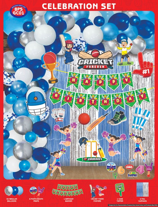 Maa Arts And Crafts Themed Birthday Celebration Set, 30 Balloons, 6 Photo Booth Props, 1 Birthday Banner, 15 Cricket Theme Poster, 1 Cake Toppers, 2 Foil Curtain (Cricket)