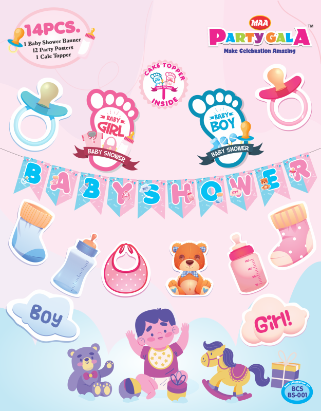 Maa Party Gala Baby Shower Decoration Set, 14 Pieces, Banner and Party Posters, Pink and Blue Theme