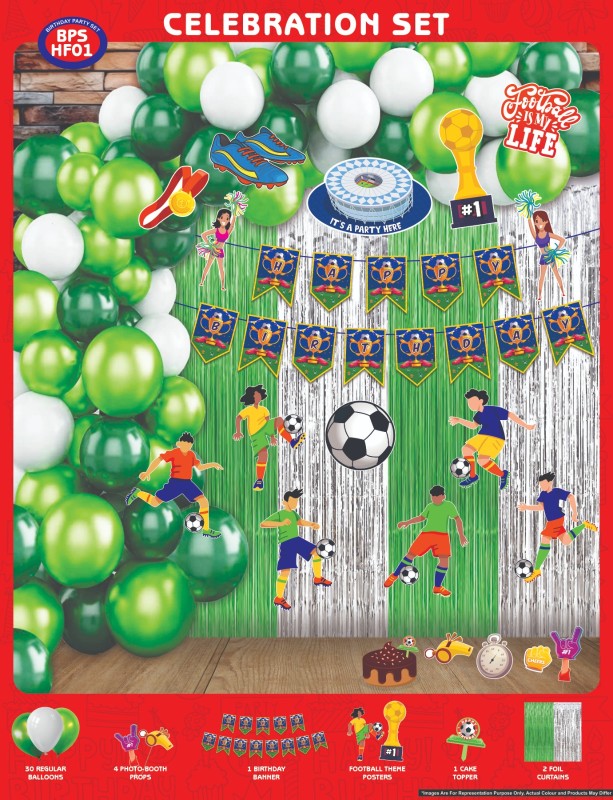 Maa Arts And Crafts Themed Birthday Celebration Set, 30 Balloons, 4 Photo Booth Props, 1 Birthday Banner, 14 Football Theme Toppers, 1 Cake Toppers, 2 Foil Curtains (Football banner)