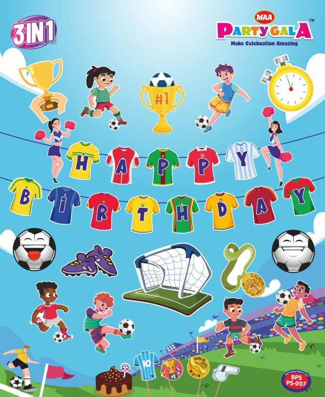 Maa Arts And Crafts Themed Birthday Celebration Set, 1 Birthday Banner , 16 Birthday Posters , 1 Cake Topper , 5 Props (Football Tshirt)