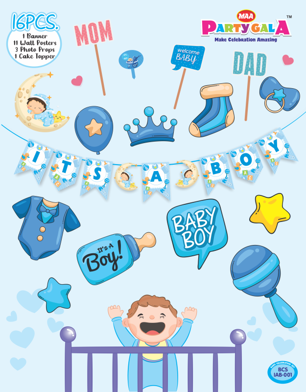 Maa Party Gala 'Its a Boy' Decoration Set, 16 Pieces with Banner, Wall Posters, Photo Props, Cake Topper, Blue