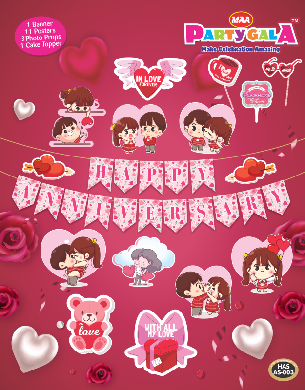 Maa Party Gala Happy Anniversary Party Decoration Set, Pink Banner with 12 Posters 2 Props and 1 Cake Topper, Love Theme Party Supplies