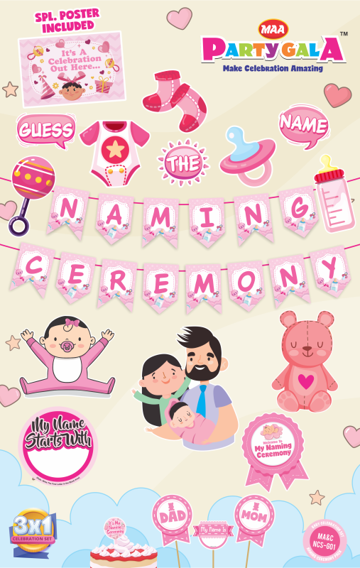 Maa Party Gala Naming Ceremony Decoration Kit, 1 Banner, 4 Props, 15 Posters and 1 Cake Topper (PINK)