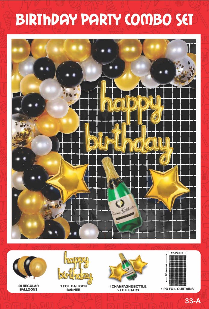 Maa Arts And Crafts Elegant Gold & Black Birthday Party Decoration Set - 25 Piece (20 Balloons, 1 Foil Banner, 1 Champagne Bottle, 2 Star Foils, 1 Black Foil Curtain)