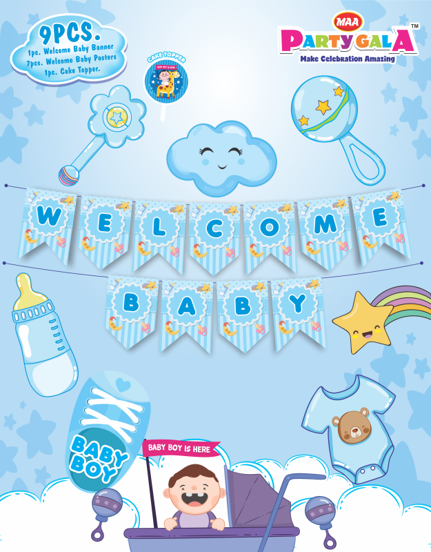 Maa Party Gala Welcome Baby Decoration Kit, 9 Pieces, Blue Theme Banner and Posters, Baby Shower Party Supplies