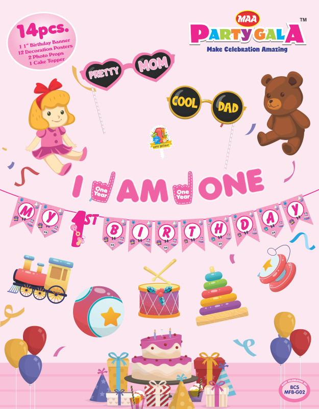 Maa Party Gala Girl First Birthday Decoration Set, Banner with Photo Props and Cake Topper, Theme (pink)